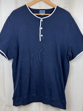 J Crew Vintage Fleece Men’s Short Sleeve Henley Navy Blue White Piped Large Tall